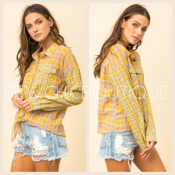 Mustard Plaid Contrast Front Tie Pocket Shirt - Picture 2 of 8